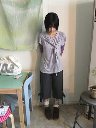 [2 colors] Ribbon Capri Pants