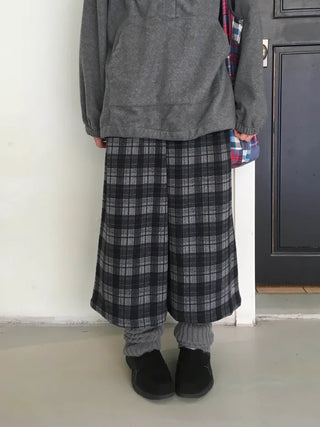 (2 colors) Fleece-lined check pattern mid-length pants