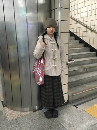 (2 colors) Fleece-lined check pattern mid-length pants
