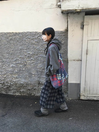 (2 colors) Fleece-lined check pattern mid-length pants