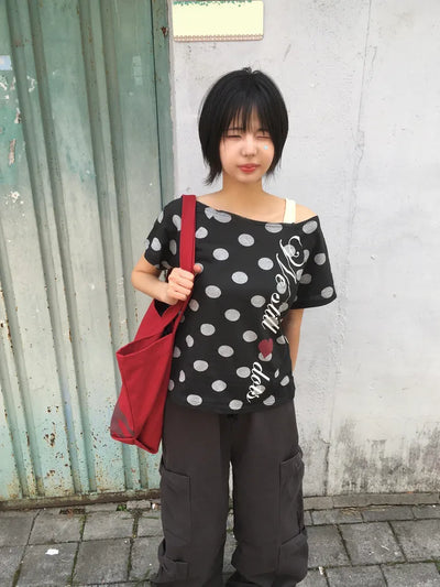 (4 colors) Polka Dot Off-Shoulder T-Shirt