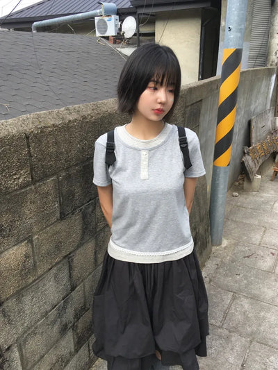 (2 colors) Striped Layered Short-Sleeve T-Shirt