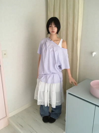 (2 colors) Button-off shoulder T-shirt