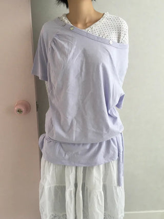 (2 colors) Button-off shoulder T-shirt
