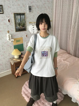 [2 colors] Button-up ribbed short-sleeved T-shirt
