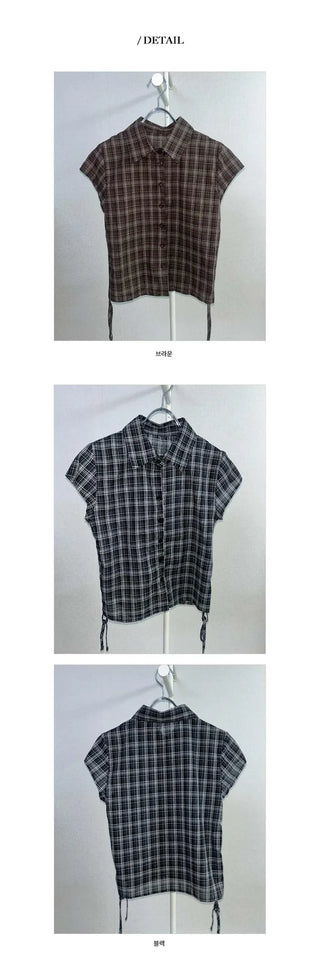 [2 colors] Check String Shirring Shirt
