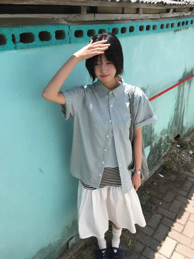 [3 colors] Striped short-sleeved shirt