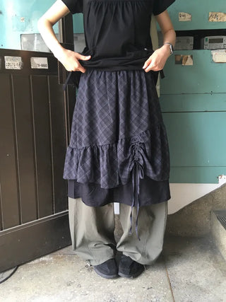 [2 colors] Shirred check skirt