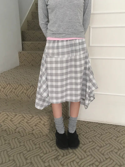(1 color) Check Asymmetrical Skirt
