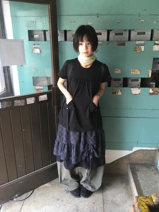 [2 colors] Shirred check skirt