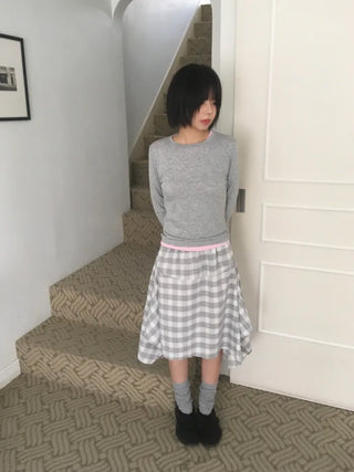 (1 color) Check Asymmetrical Skirt