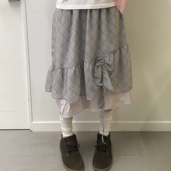 [2 colors] Shirred check skirt