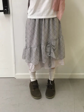[2 colors] Shirred check skirt