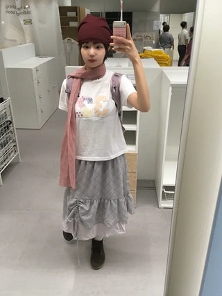 [2 colors] Shirred check skirt