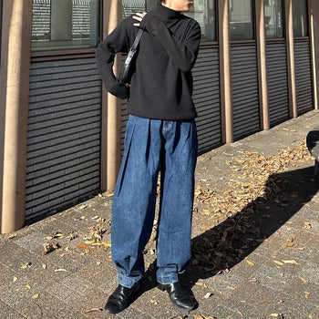 Denim wide pintuck balloon pants