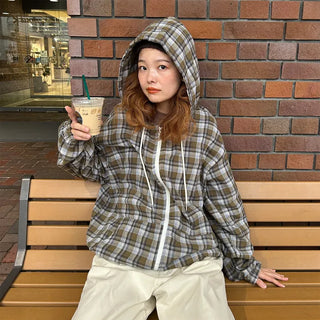(Unisex) Check Hooded Zip-Up