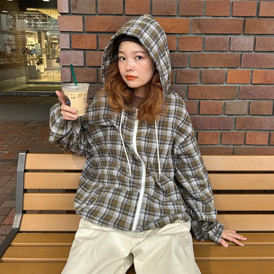 (Unisex) Check Hooded Zip-Up
