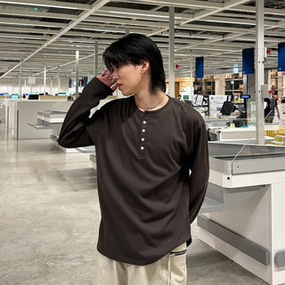 (Unisex) Henley Neck Cozy Long-Sleeve T-Shirt