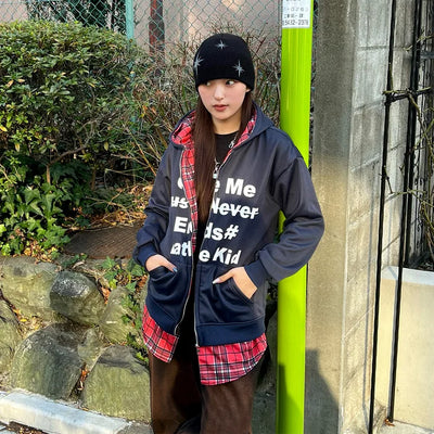 Checked layered hooded zip-up