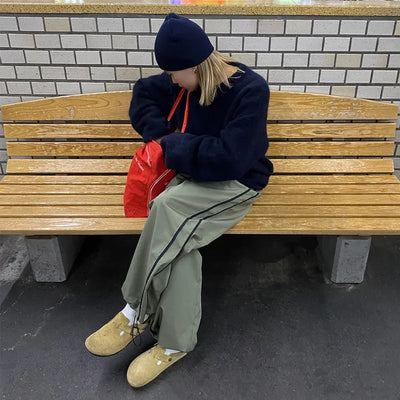 Unisex two-tone wide-leg elastic waist pants