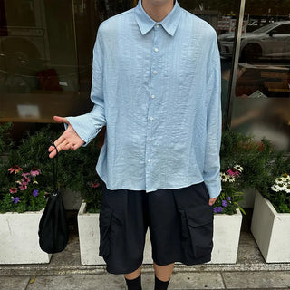 Linen-like shirred long-sleeved shirt