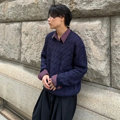 (Unisex) Cable Simple V-Neck Knit
