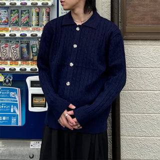 (Unisex) Cable Button Collar Cardigan