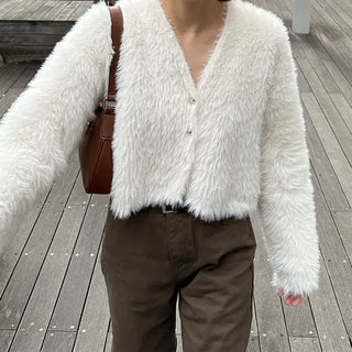 Cropped Shaggy Knit Cardigan