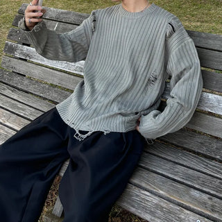 (Unisex) Ribbed distressed knit