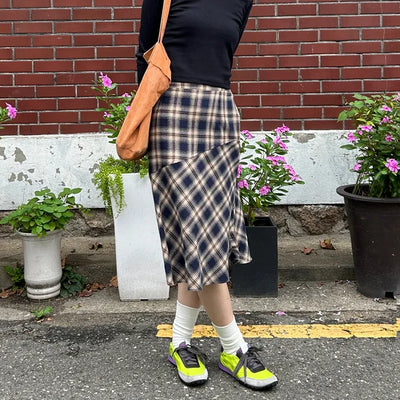 Vintage check layered banding skirt