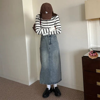 Long slit denim skirt