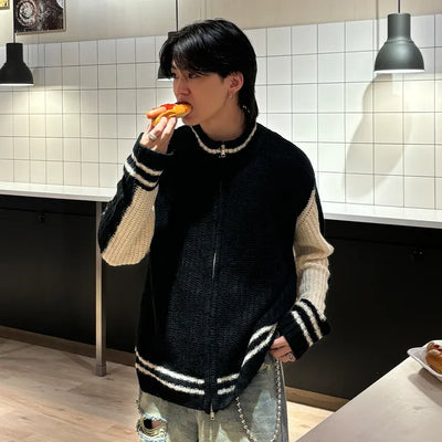 (Unisex) Two-tone knitwear zip-up