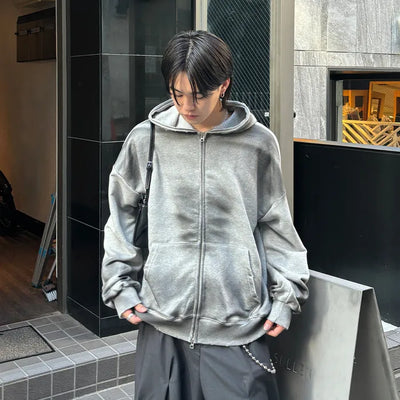 (Unisex) Vintage Wash Hooded Zip-Up
