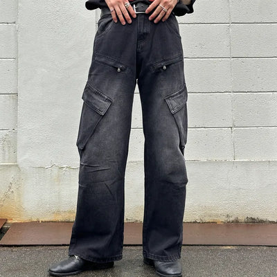 Two-pocket unique wide denim pants