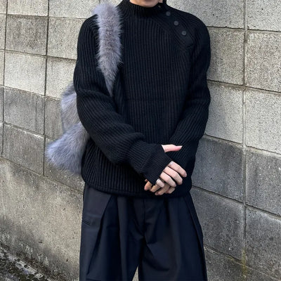 (Unisex) Button Mock Neck Raglan Knit