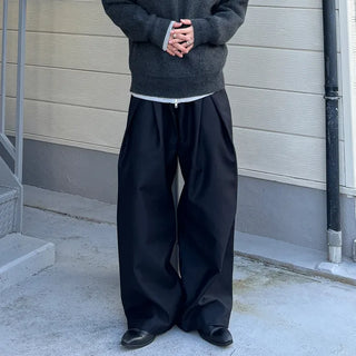 (Unisex) Double-waisted unique wide slacks