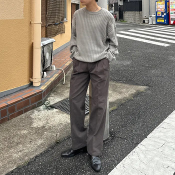 Belted cotton wide-leg slacks