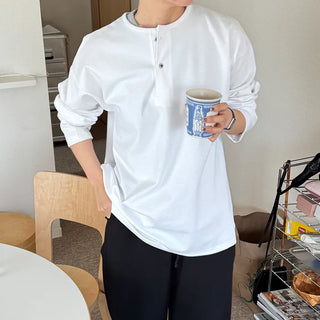 Henley neck long-sleeve T-shirt
