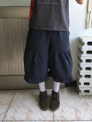 [2 colors] Linen Frill Bermuda Pants