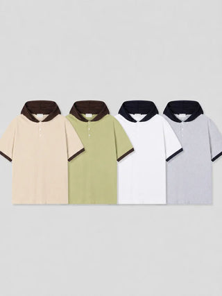 [4 colors] Waffle Henley Neck Short-Sleeve Hoodie