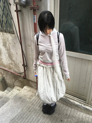 (3 colors) Shirred slit hooded T-shirt