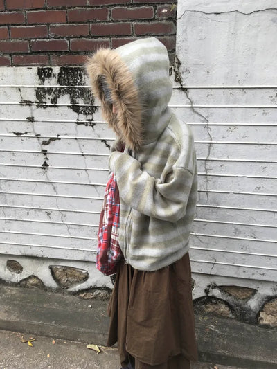 (3 colors) Striped Fur Hoodie