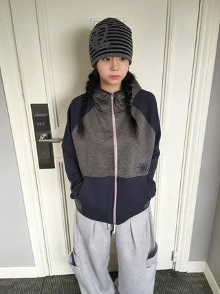 (4 colors) Striped zip-up hoodie
