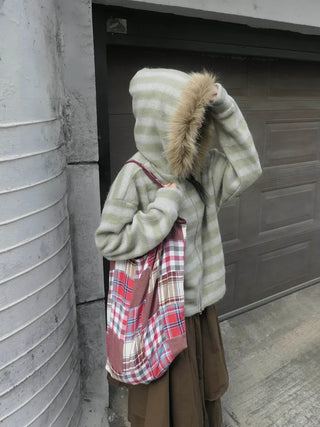 (3 colors) Striped Fur Hoodie