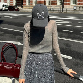 See-through slim long-sleeved T-shirt