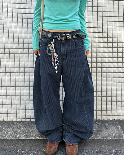 Striped wide summer denim pants