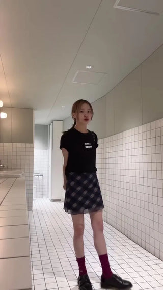 Checkered elastic waist mini skirt