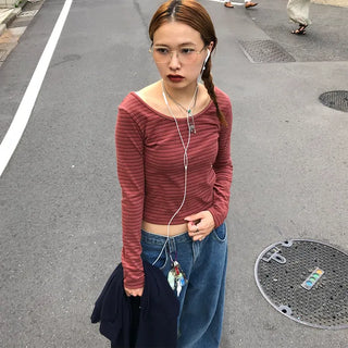 Striped U-neck long-sleeve T-shirt