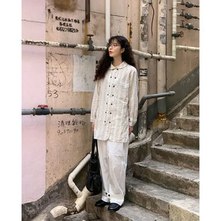 Round collar double-button long shirt