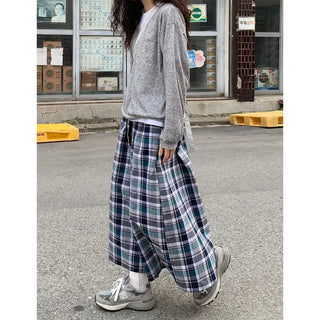 [Lined] Vintage Cotton Check Long Skirt